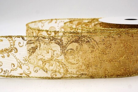 Cream Glitter Filigree Scroll Sheer Ribbon_KW0453G-2